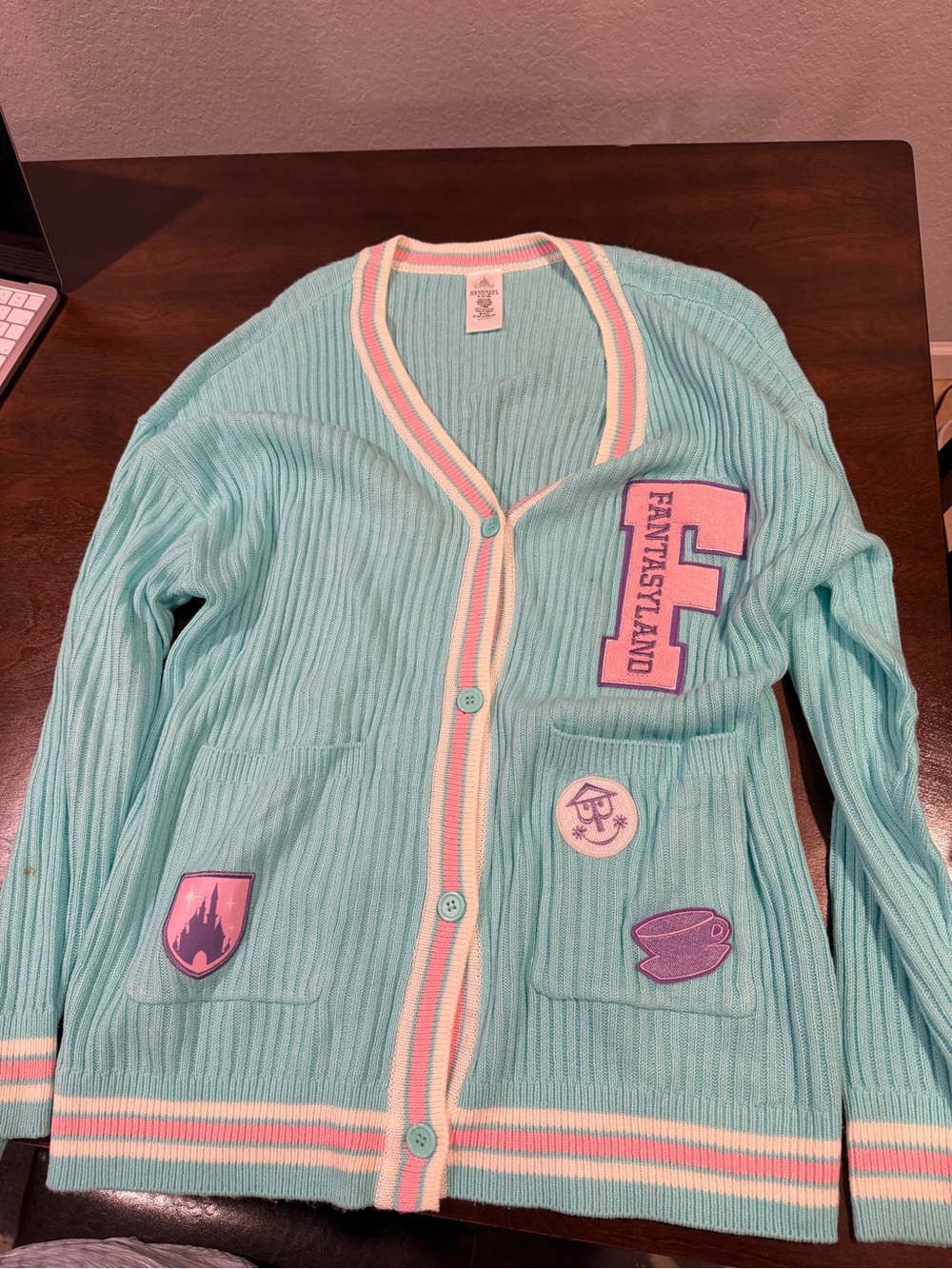 Disney Fantasyland Cardigan Sweater with Pink and Cream Trim and Patches